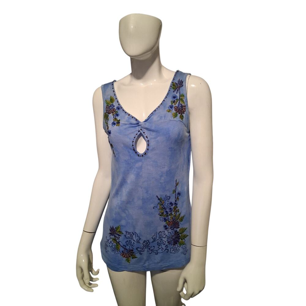 Y2K Krista Lee Embroidered Womens Size S Beaded Keyhole‎ Laser Cutt Beaded Tank